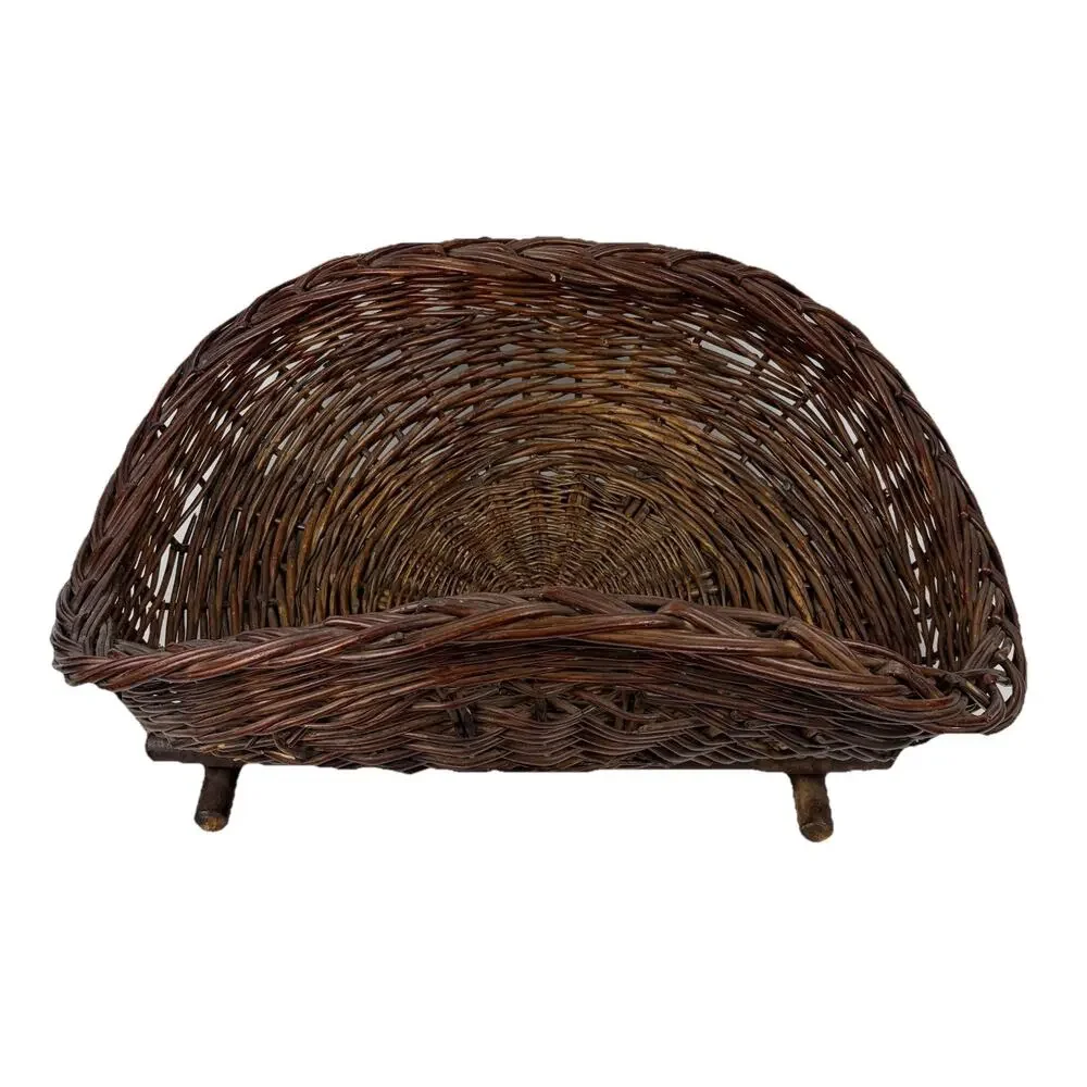 Large Rustic Wicker Harvest Basket Wood Base Fire Log Holder Blanket Storage